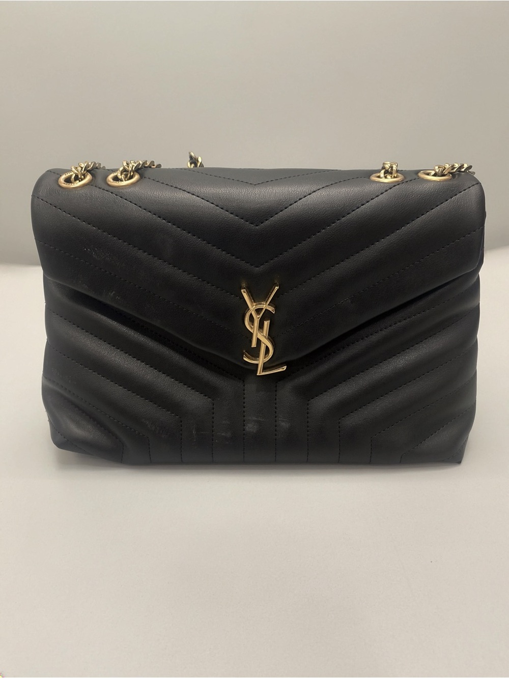Saint Laurent Black Quilted Chevron Shoulder Bag with Gold Hardware